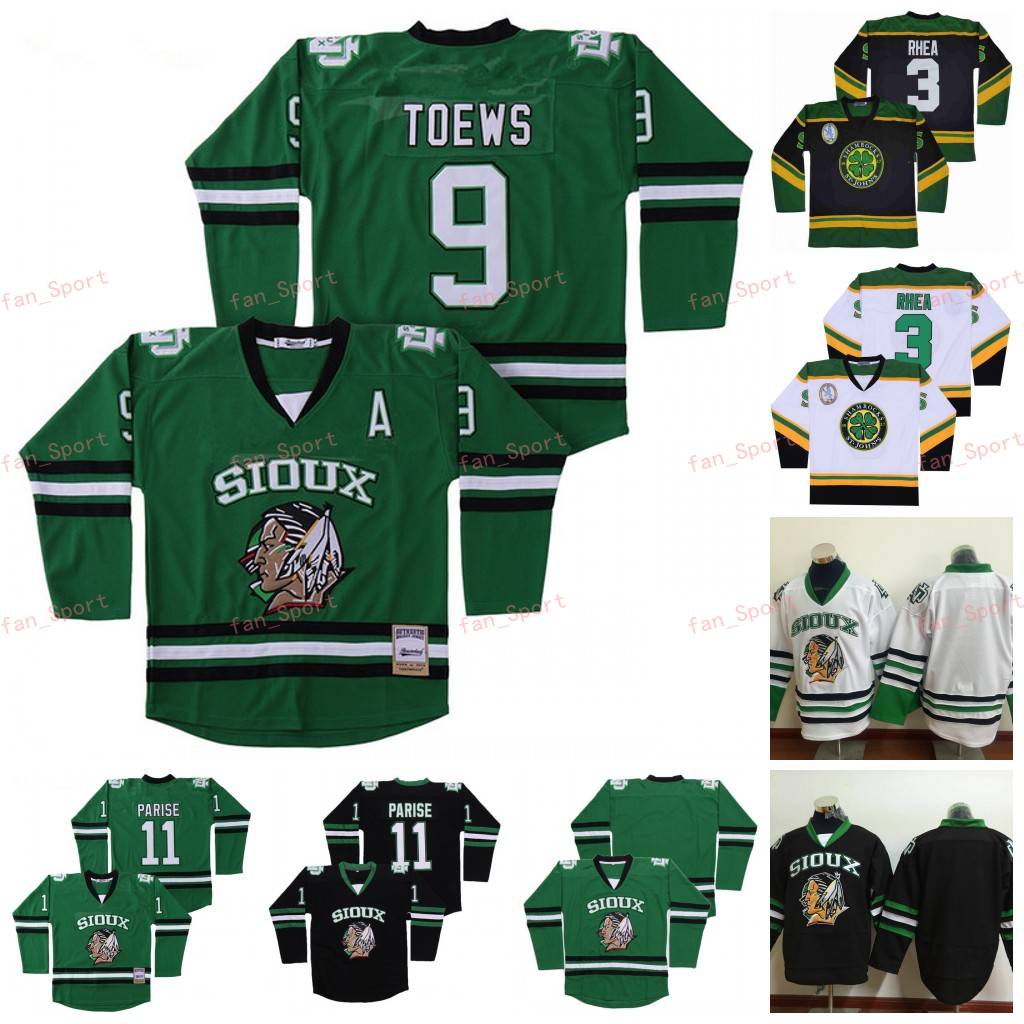 

College North Dakota Fighting Sioux Jersey 9 Jonathan Toews 11 Zach Parise Hockey Ross The BOSS Rhea 3 ST John's Shamrocks Green Black, As pic