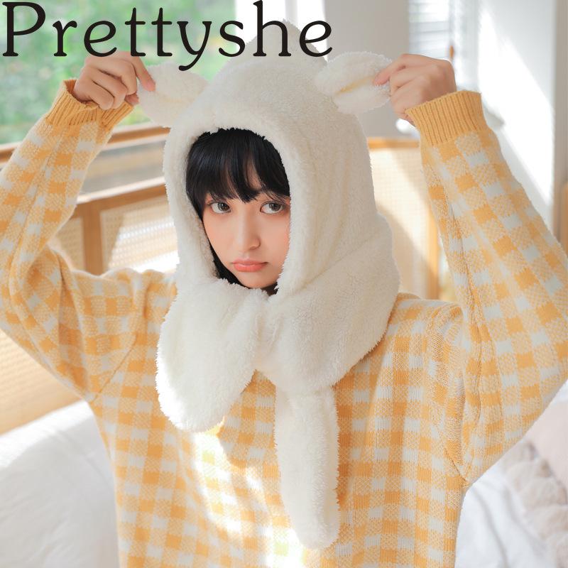 

2020 Fashion Winter Women Novelty Warm Cute Bear Ear Hat Casual Plush Hat Scarf Set Casual Solid Fleece Beanies Caps Present, White