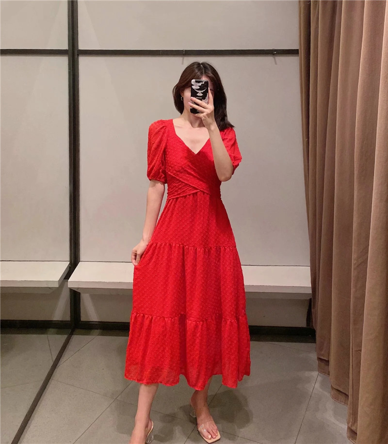 

2021 New Women Vintage Bubble Embroidery v Neck Cross Straps Midi Dress Fashion Puff Sleeves Ruffled Hem Multicolor Dresses Hpyc, White