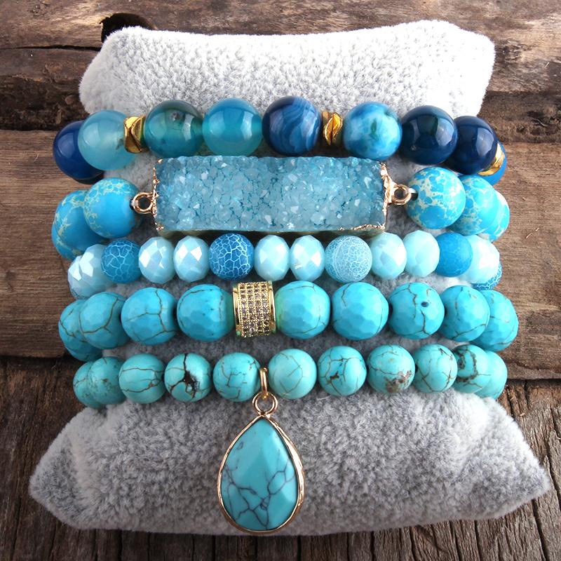 

MD Fashion Designer Boho Beaded Bracelet Natural Stone Crystal 5pc Bracelets Sets For Women Jewelry Gift