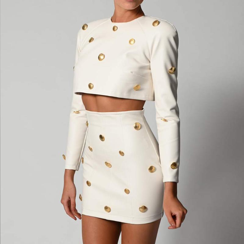 

Jenniferkiss Autumn Winter Pu Leather Two Piece Set Sexy Women Button Long Sleeve Crop Tops And Bodycon Mini Skirt 2 Piece Sets, White