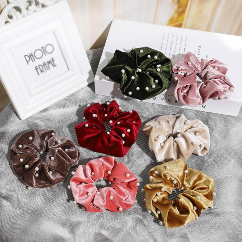 

Haimeikang Fashion Velvet Scrunchies Solid Color Hair Ropes Women Pearl Ponytail Holder Elastic Soft Hair Tie Accessories