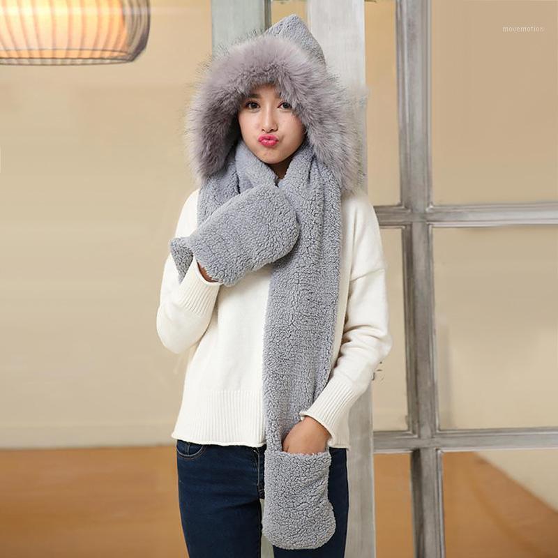 

Fashion Women Faux Fur Hat Fleece Scarf Gloves Set Female Winter Warm Cute Imitation Fur Cap Hooded Collar Scarves Mitten Sets1