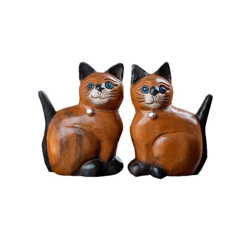 

2Pack Wood Carving Lucky Cat Decorations Fashion Creative Wooden Crafts Home Living Room Children's Room Decor