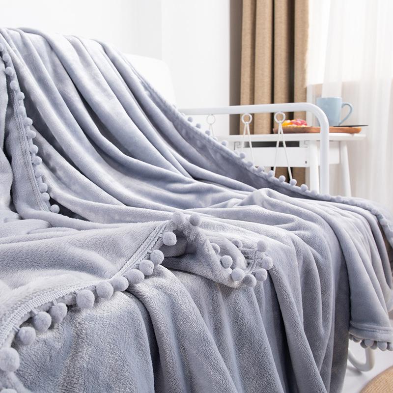 

Flannel Blanket with Pompom Fringe Lightweight Cozy Bed Blanket Soft Throw fit Couch Sofa Suitable for All Season