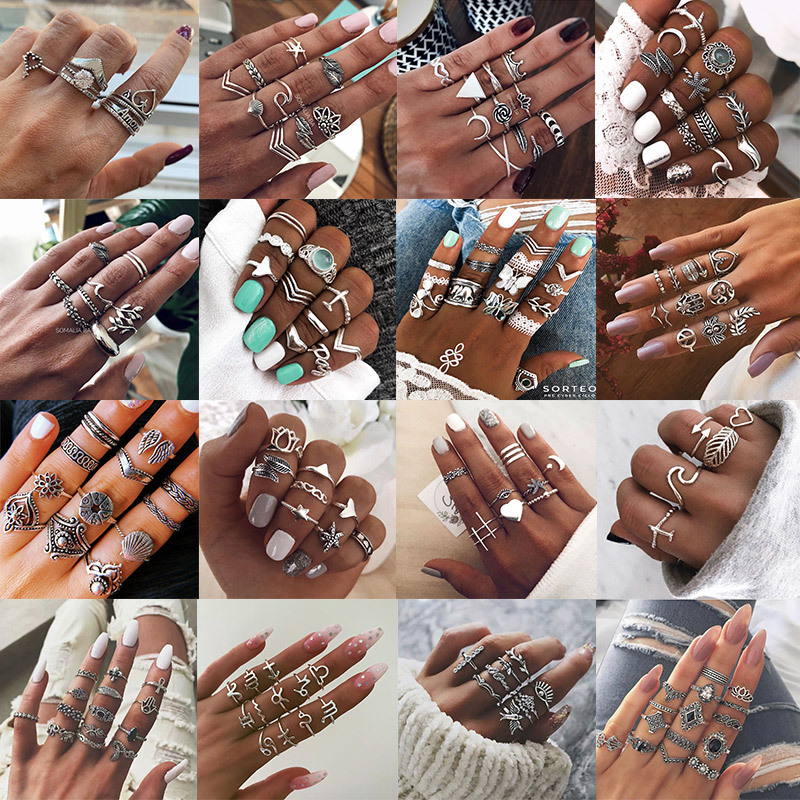 

European and American jewelry multi-piece combination retro diamond ring set geometric irregular jewelry factory direct sales