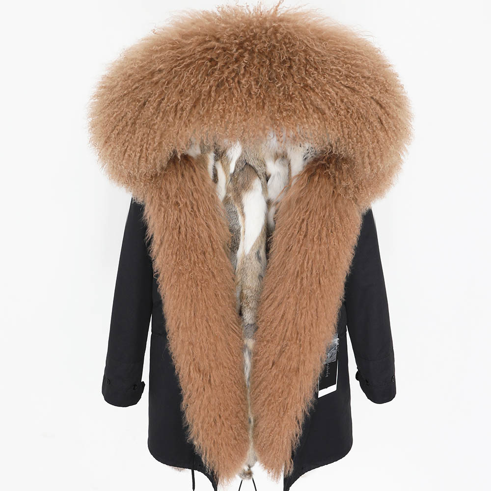 

2021 Rabbit Skin Lining Parka Lamb Wool Coat Medium Length Collar New 9FLA