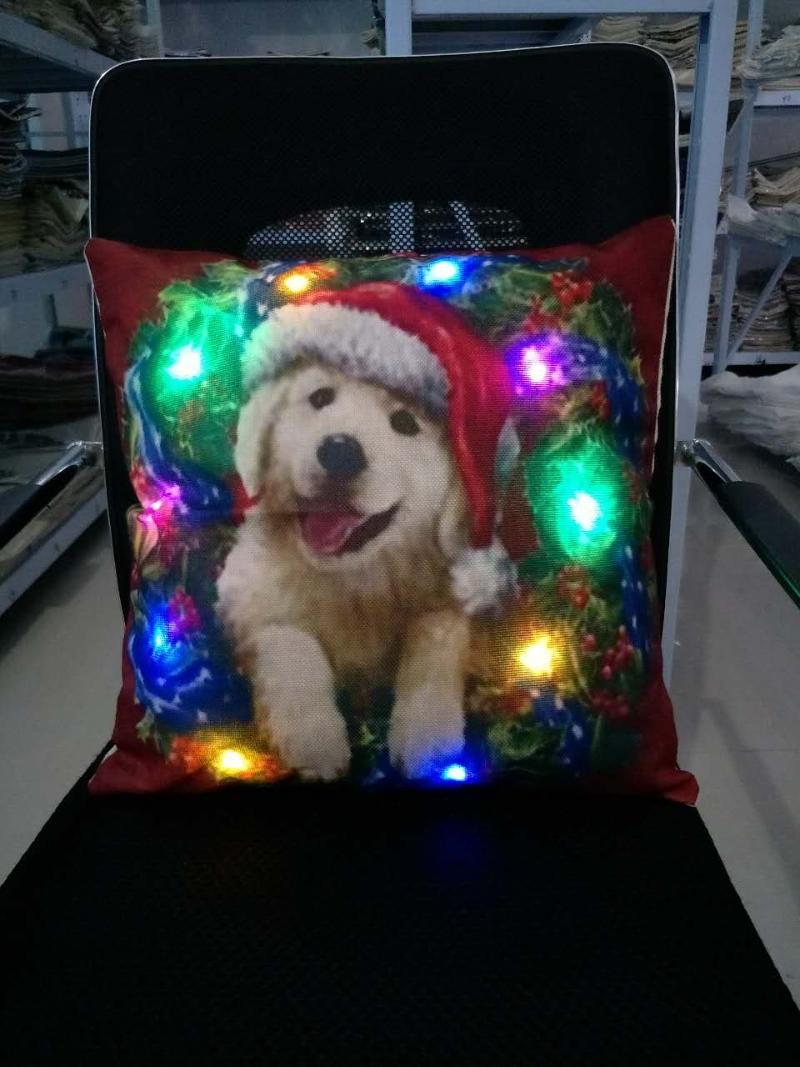 

New Cartoon Christmas lovely Cats dogs pattern LED light series Flax Cushion Cover Home Decorative Waist Pillow Case Sofa Chair