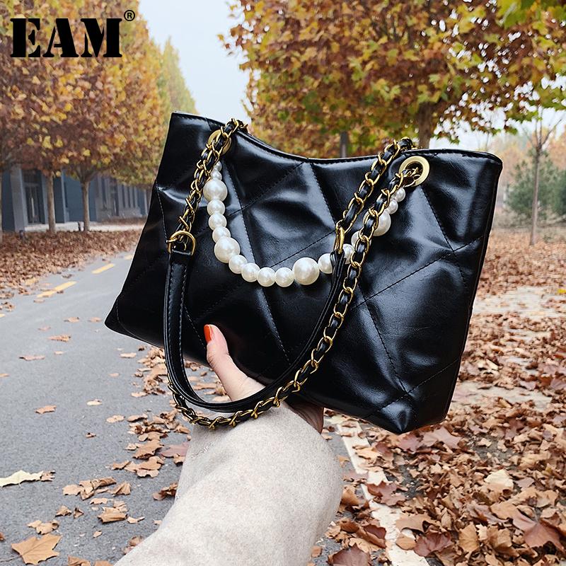 

[EAM] Women New Black Pearls Chains Argyle PU Leather Personality All-match Crossbody Shoulder Bag Fashion Tide 2021 18A0691