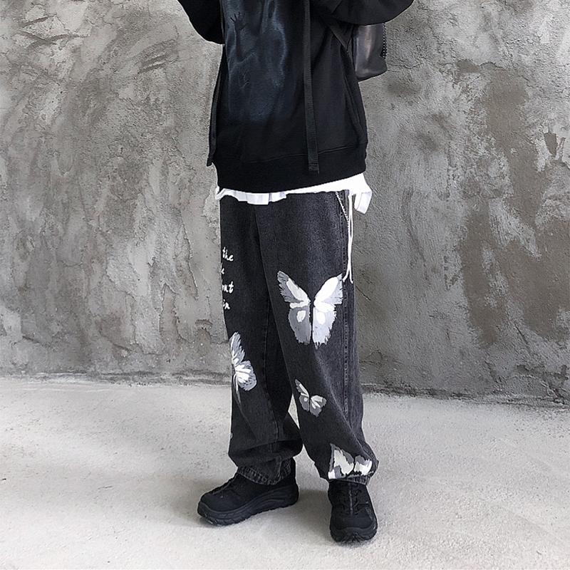 

Black Jeans For Men 2020 Autumn Winter Butterfly Printing With Chain Straight Tube Fashion Casual Streetwear Wide Leg Pants