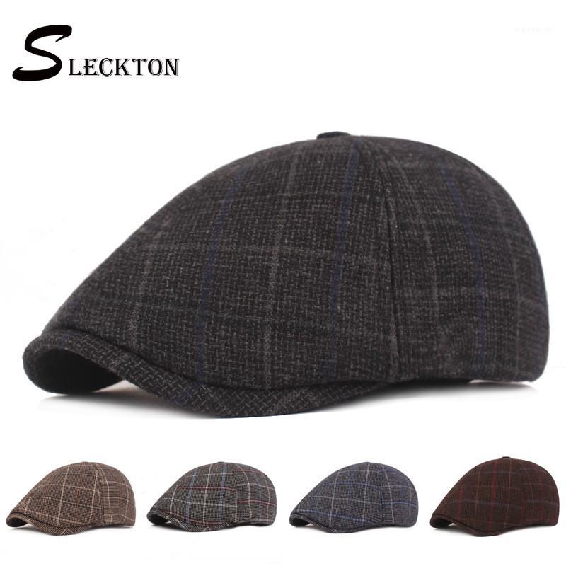 

SLECKTON Plaid Peaked Cap Cotton Beret Thicked Warm Hat Newsboy Cap Unisex Fashion Retro Flat Casual Caps Tweed Hats for Men1, Black