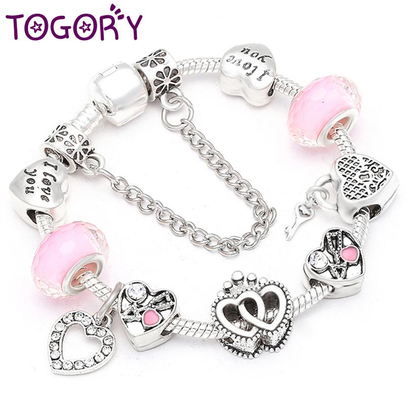 

TOGORY European Pink Heart To Heart Beads Charm Bracelets For Women Fit Brand Bracelet & Bangle Couple Jewelry Dropshipping