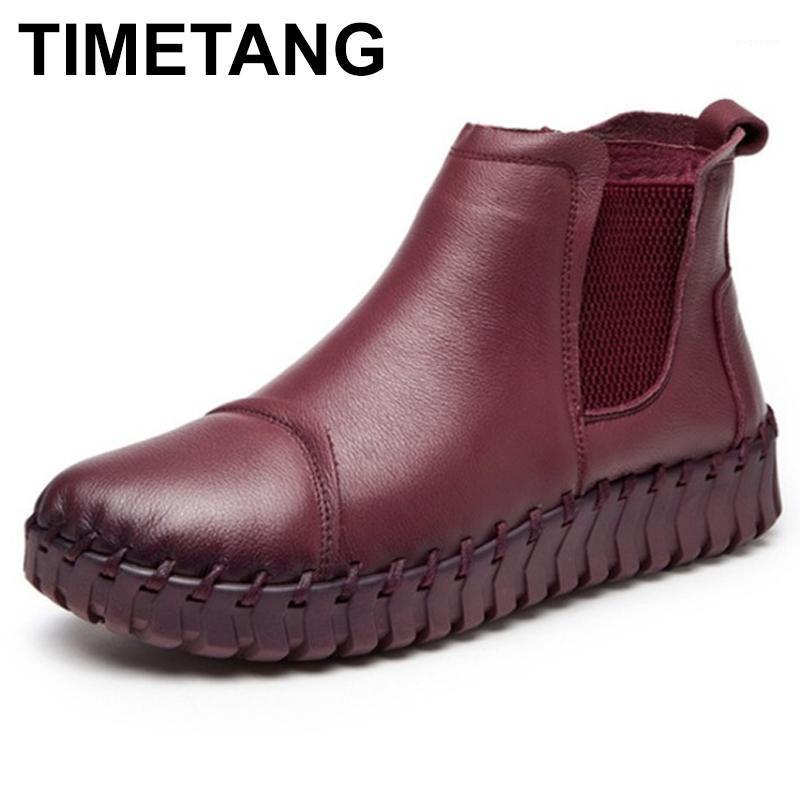 

TIMETANG Autumn new best-selling fashion leather women's boots wild low-bottom flat boots warm top layer cow leather casual1, Black