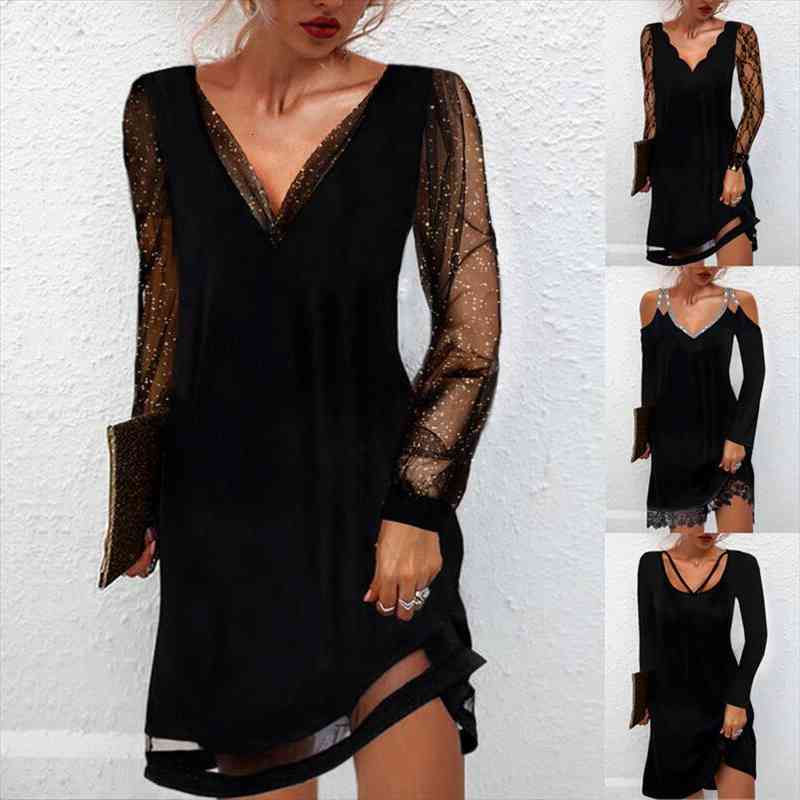 

Womens Dress Sexy Lace Mesh Patchwork Long Sleeve Dress Solid Elegant Party Dresses Fashion Casual Streetwear Bodycon, Black;gray