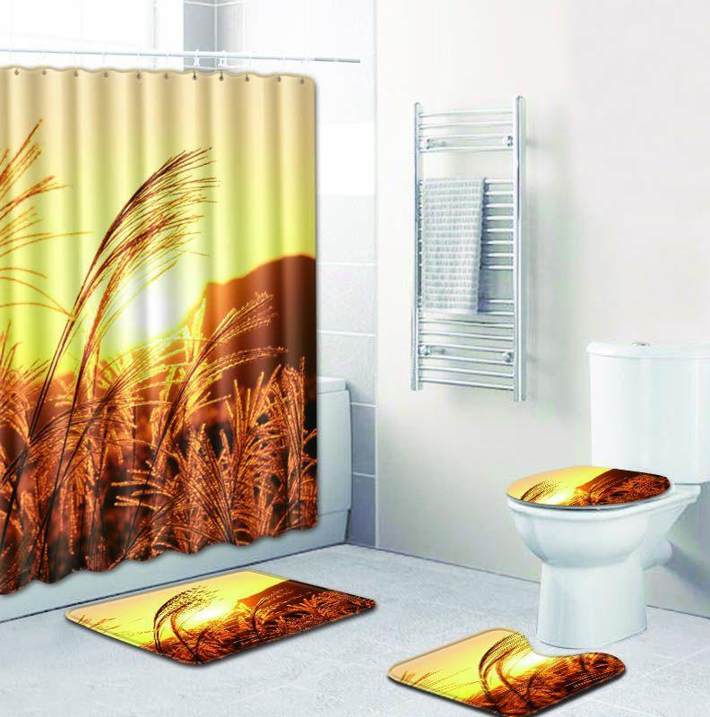 

4pcs/set Reed Pattern Printed Shower Curtain Pedestal Rug Lid Toilet Cover Mat Bath Mat Set Bathroom Curtains with 12 Hooks
