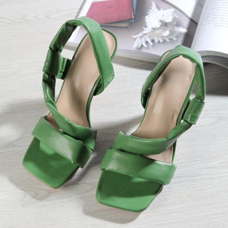 

Leather Upper Women Sandals Single Strap Special Design Shoes Concise Open Square Toe Slingback Thin High Heels Shoes1, Green