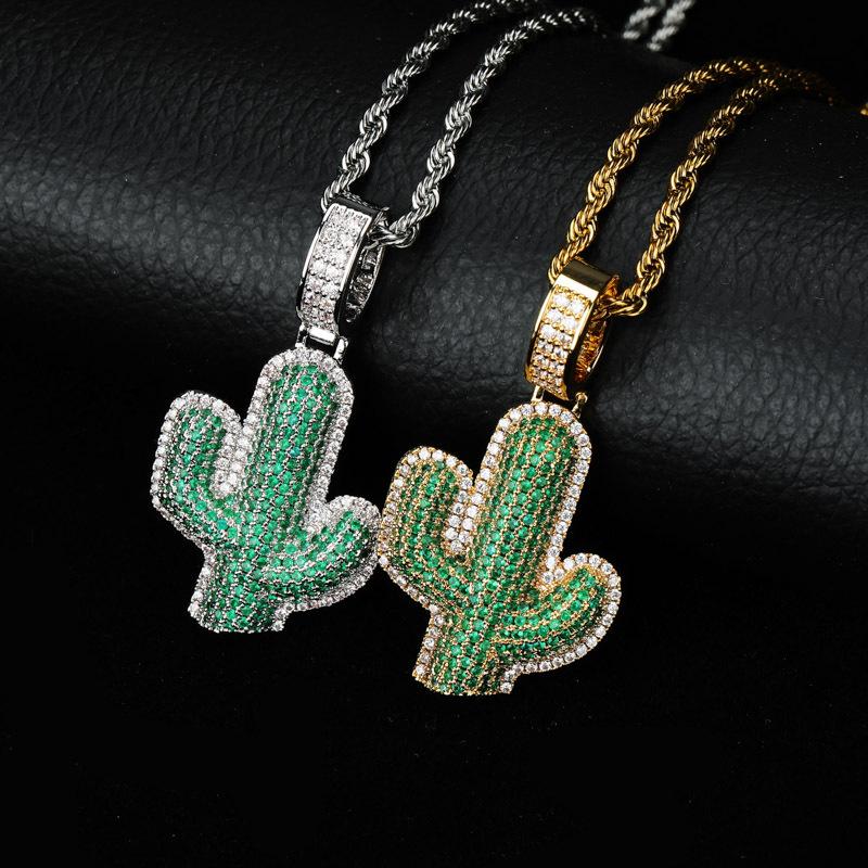 

New Iced Out Cactus Pendant Necklace Newest Green Cubic Zircon Men's Charms Necklace Fashion Plant Hip-Hop Rock Jewelry Gift