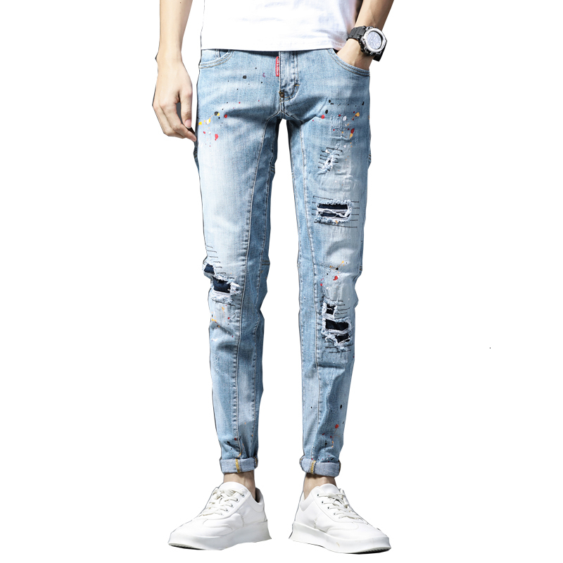 

2021 Men's Brem Ripped Thin Jeans Elastic Pants Embroidered Blue Pipe-hop Painting Spring Summer EY5G, Sky blue.