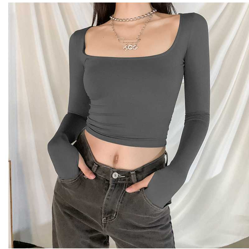 

Women' solid color running clothes open navel U-neck Yoga bottom shirt long sleeve T-shirt women' breathable fitness shirt, Black