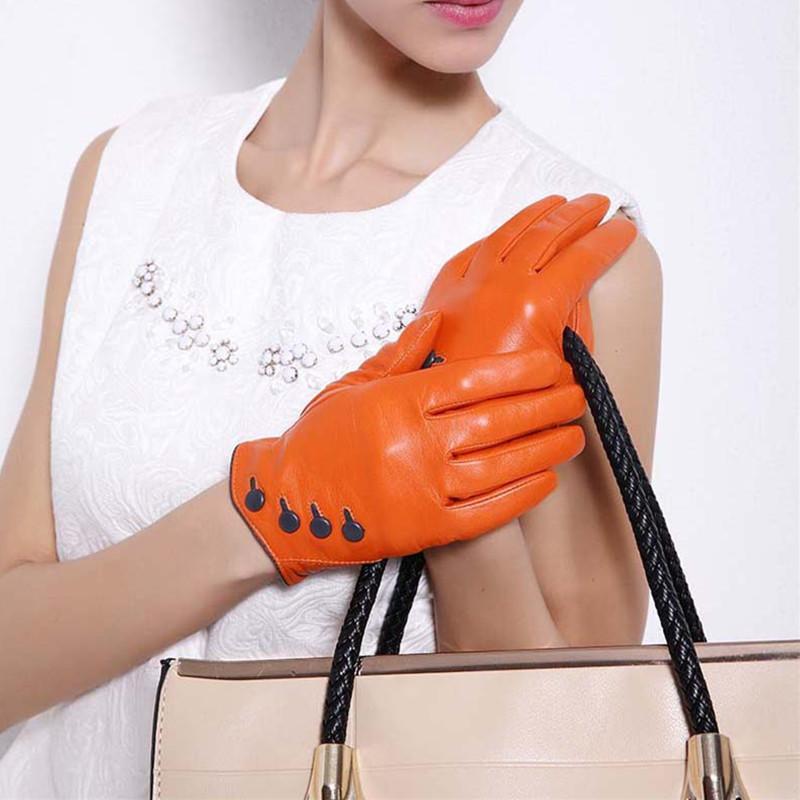 

Five Fingers Gloves Leather For Women Orange Red Autumn Winter Female Short Wrist Motorcycle Full Finger Warm Button Gloves1