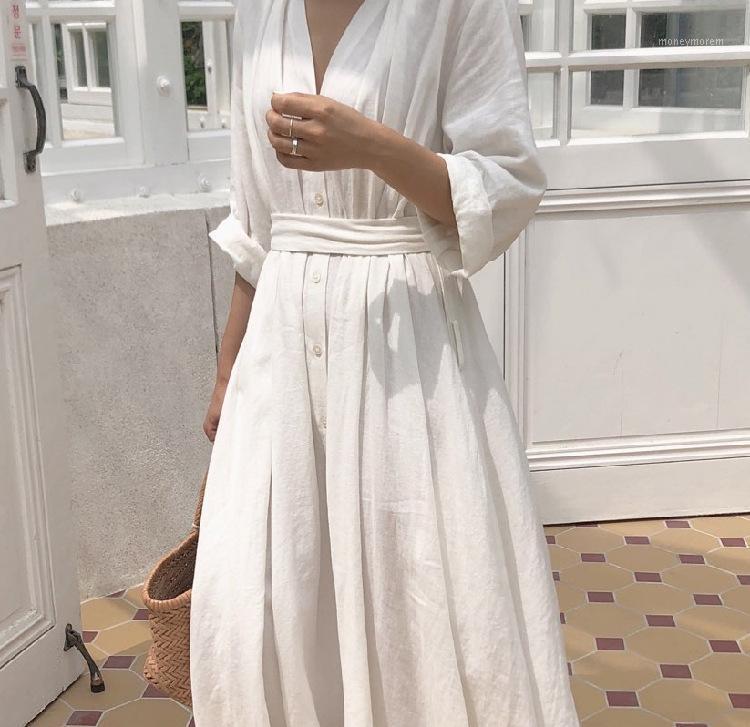 

Korean Excellent cotton summer dress 2021 elegant belt V-neck casual beach dress women simple long sleeve white Shirt1, As pic