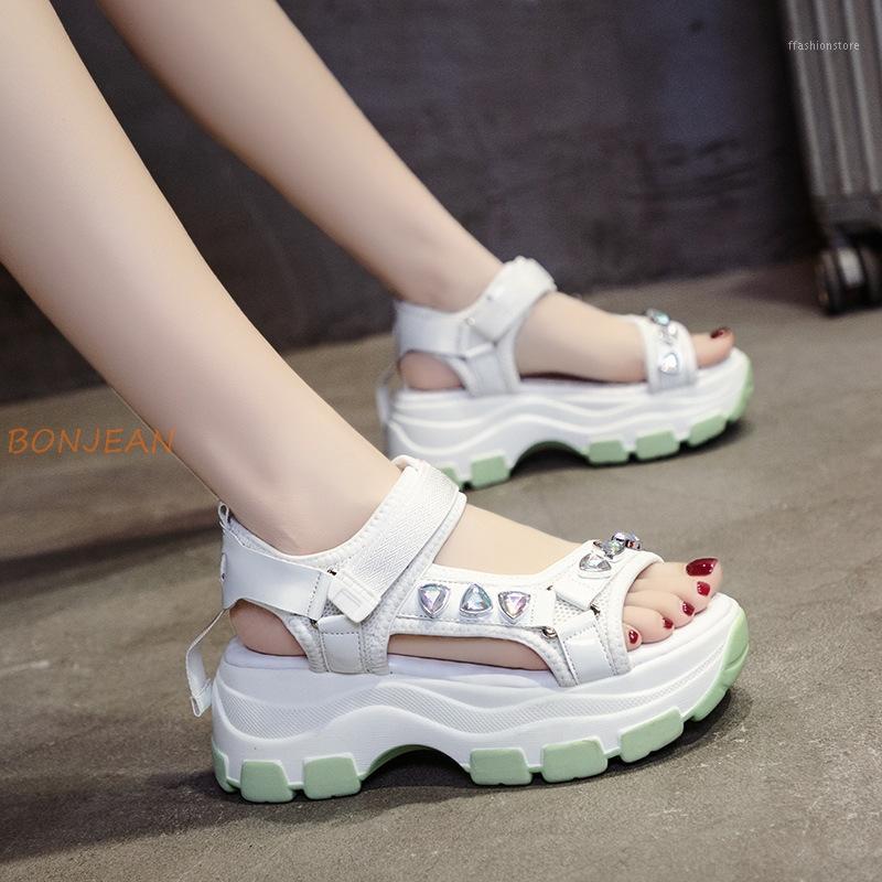 

2020 New Fashion Sports Thick Bottom Sandals Sandals Women's Crystal Ankle Belt Comfortable Beach Shoes White Yellow1, Yellow