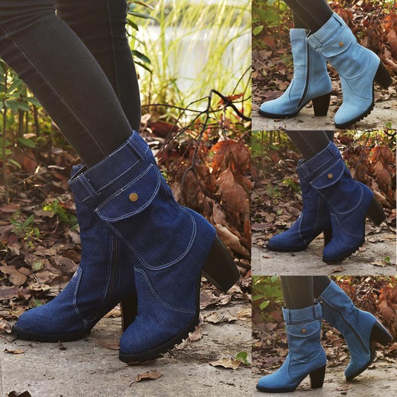 

Boots Women's Long Tube Short Botas Winter High Heel Denim Boots Lady Stylish Jeans Boot Shoes Zipper Footwear For Ladies1, Blue