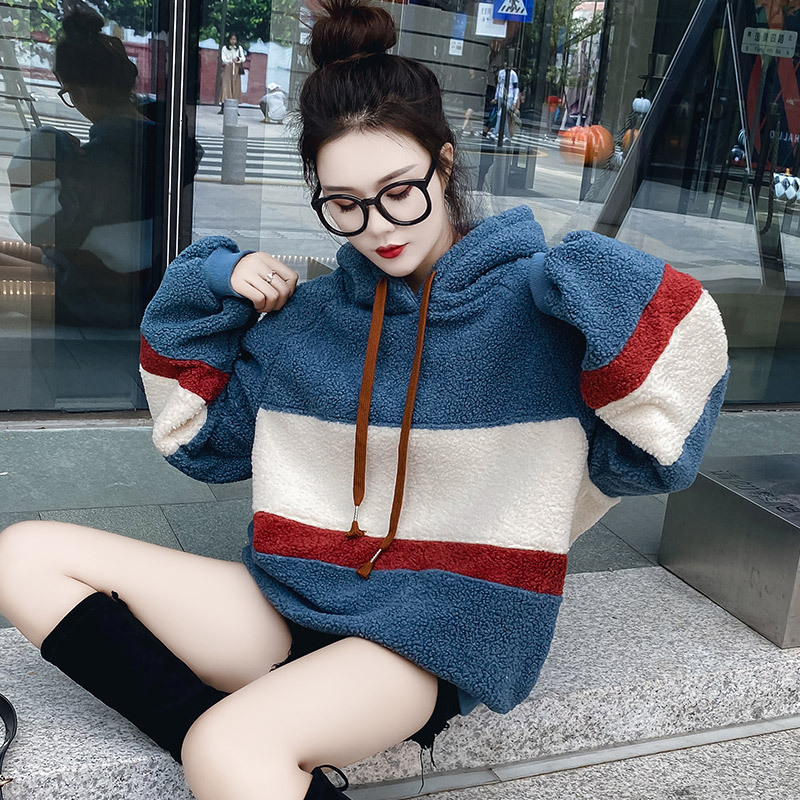 

women fashion hoodies sweater women's autumn and winter new loose and velvet thick hooded patchwork contrast color sweatshirts, Black
