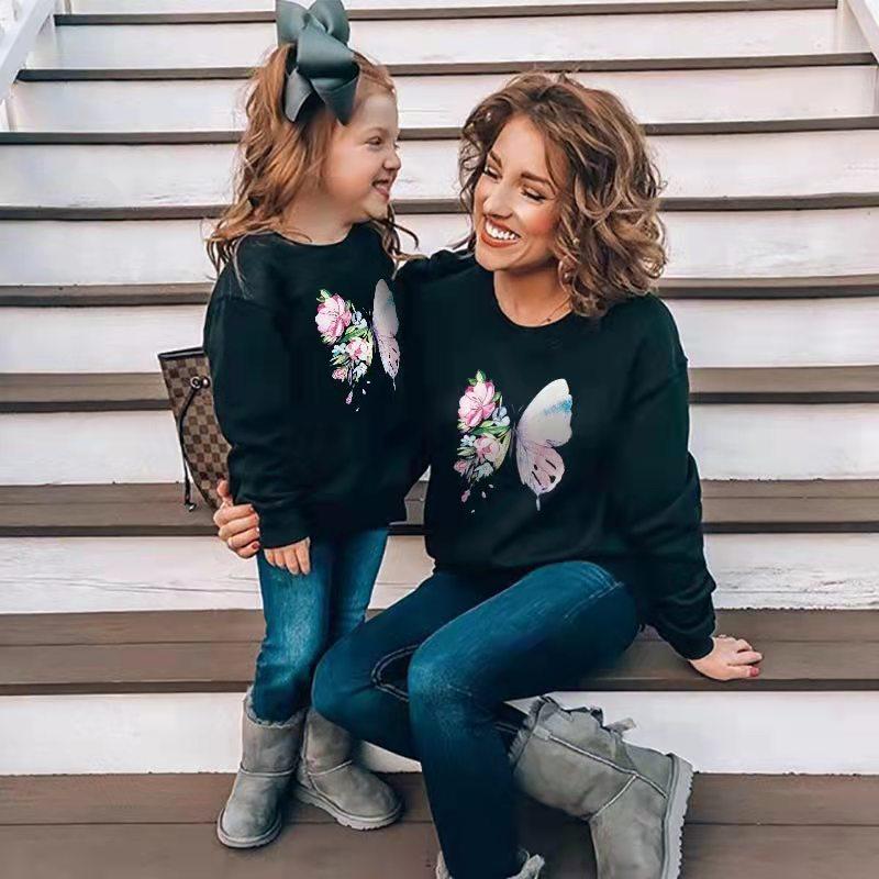 

Family Matching Outfits Autumn Mother Daughter Sweaters Set Butterfly Mom Mum Baby Mommy And Me Clothes Women Girls Cotton Sweatshirts, Blue