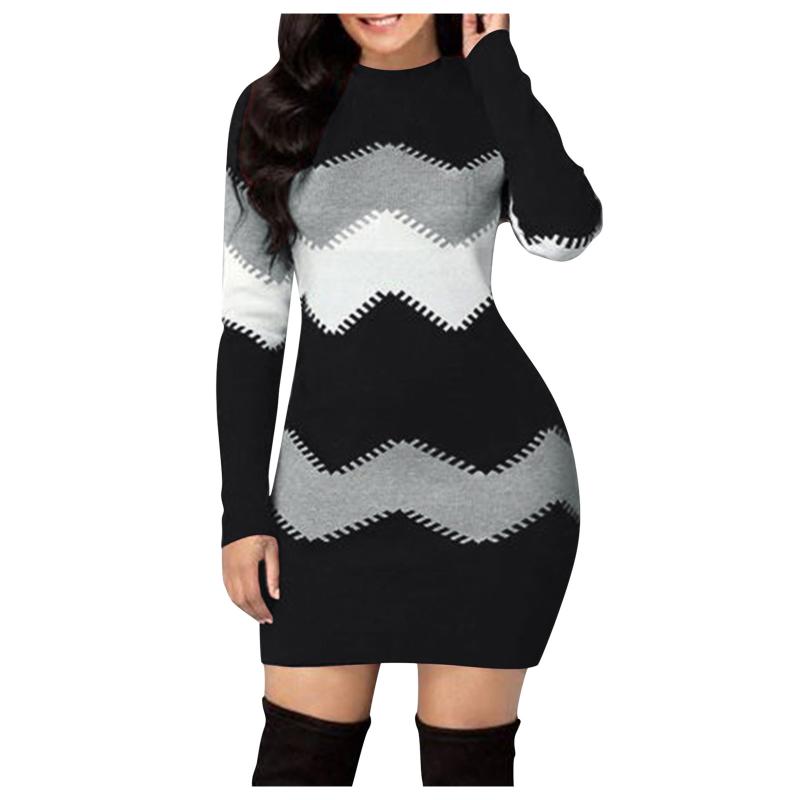 

New Fashion Knitted Long Multi-color Top Long Striped Long-sleeved Autumn Winter Sweater Multi-color Slim-fit Sweater, Black