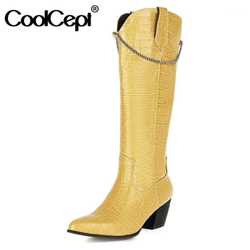 

CoolCept Size 34-43 Women Knee Boots Pointed Toe Pu Side Zipper Shoes Metal Chain Winter Boots Fashion Party Footwear1, Black