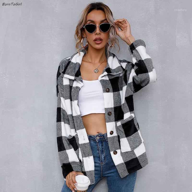 

BornToGirl Spring Autumn Winter Vintage Grid Cardigans Women Loose Long Sleeve Black White Gray Plaid Coat Outerwear1, As picture