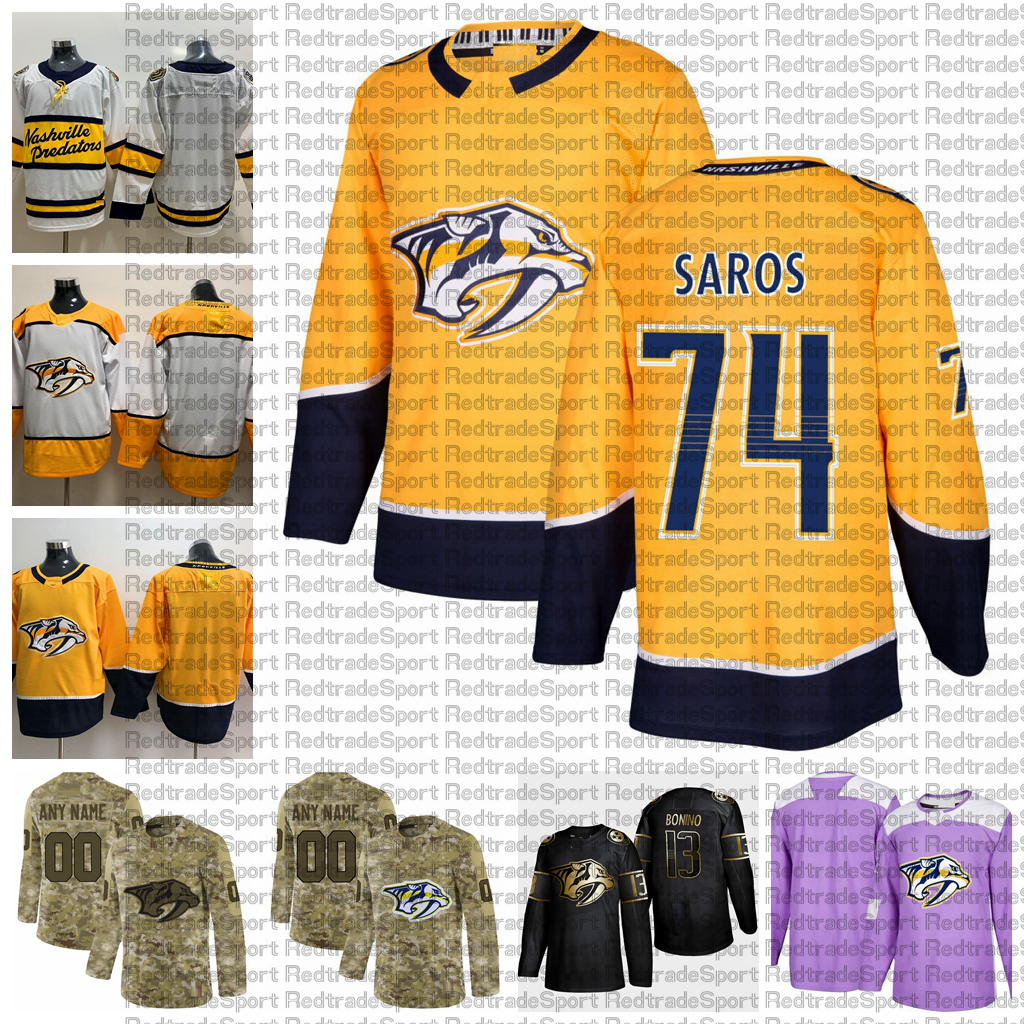 

2021 Customize #74 Juuse Saros Nashville Predators Jerseys Golden Edition Camo Veterans Day Fights Cancer Custom Stitched Hockey Jerseys, White