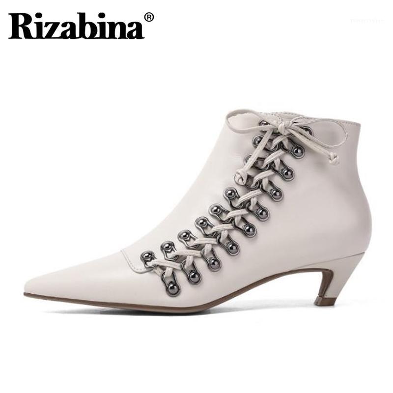 

Rizabina Real Leather Ankle Boots For Women Pointed Toe Thick Heel Cross Strap Zipper Shoes Stylish Street Footwear Size 33-401, Black