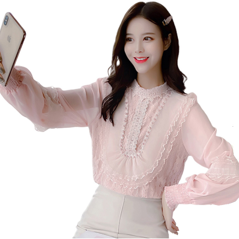 

Women' Blouses 2021 Elegant Autumn Long Sleeves Luxury Chiffon Blouse Feminine Spring Splits Lace Shirts R107 Bbeq, White