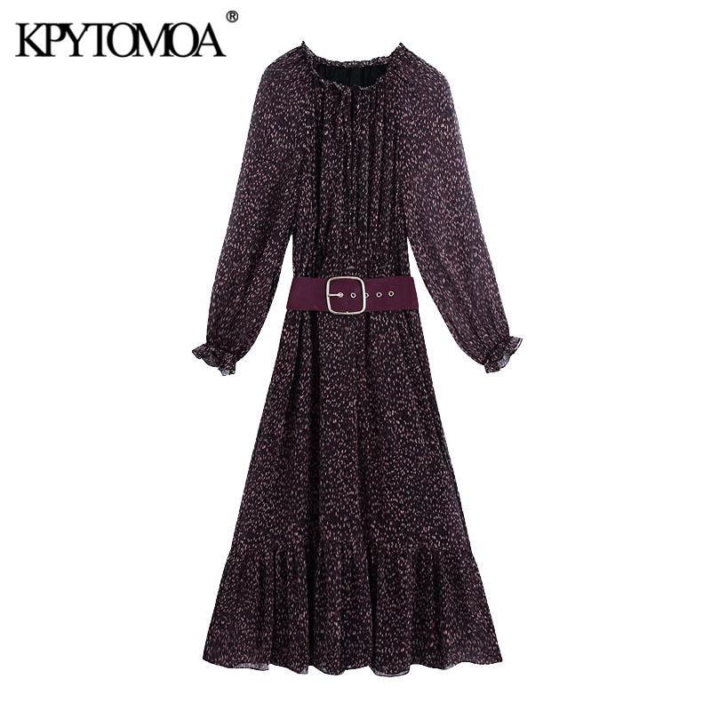 

KPYTOMOA Women 2021 Chic Fashion With Belt Print Ruffled Midi Dress Vintage Long Sleeve With Lining Female Dresses Vestidos, As picture