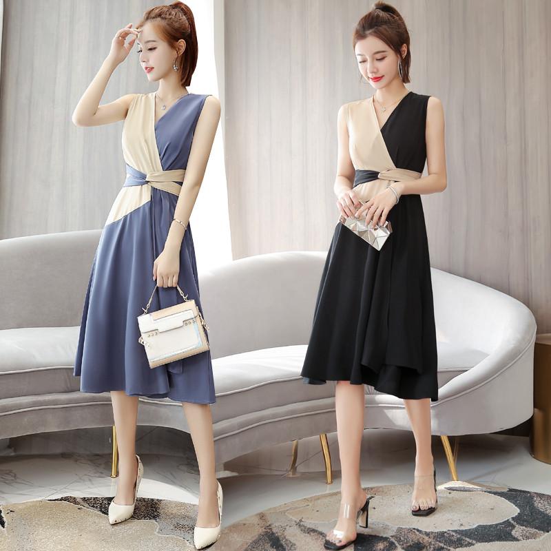 

Summer Dress Casual Contrast Color Swing V-Neck Sleeveless Tie Waist Slim High Quality Office Summer Clothes For Women, Black