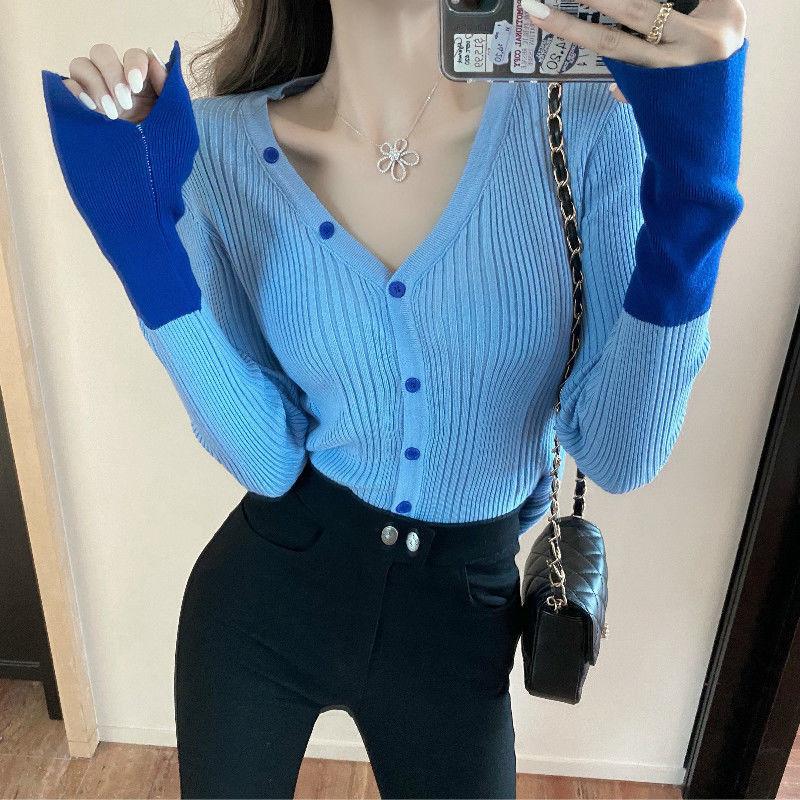 

Women V-Neck Buttons Knitted Sweaters Cardigans Lady Long Sleeve Knit Short Stretchy Knitwear Cropped Top for Female, Blue