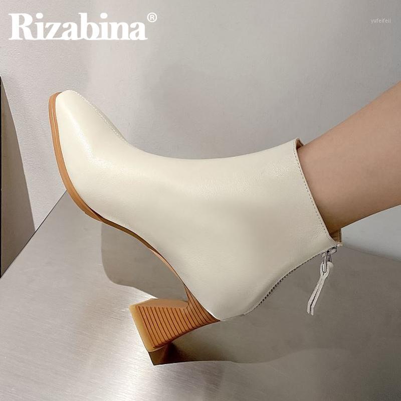 

Rizabina Real Leather Women Ankle Boots Thick Heel Pointed Toe Zipper Shoes Winter Warm Boots Fashion Footwear Size 34-391, Black