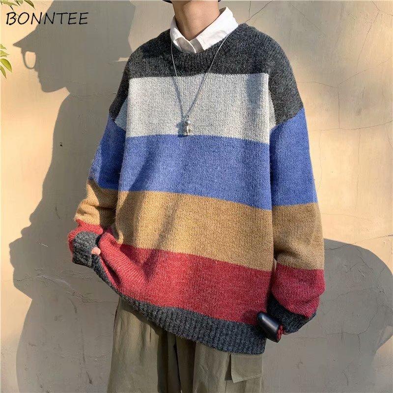

Men Pullovers Simple Striped O-neck Casual Fashion Ulzzang Japanese Style Loose Streetwear Harajuku Thickening Winter Chic Ins, Blue