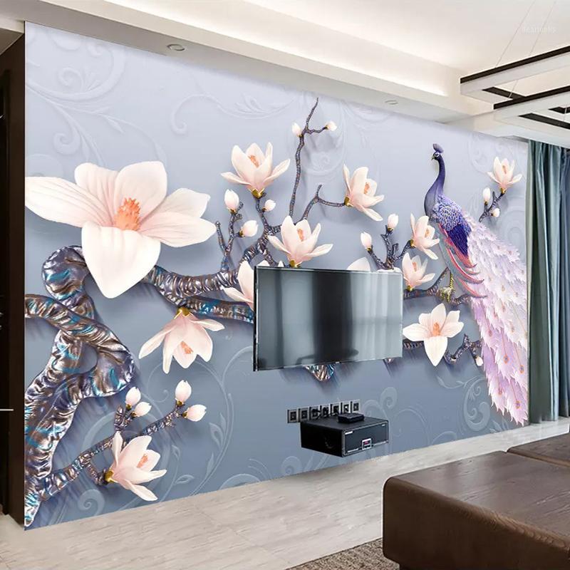 

Drop Shipping Custom Photo Wall Mural 3D Stereoscopic Embossed Magnolia Flower Peacock Wall Painting Non-woven Wallpaper1, As pic