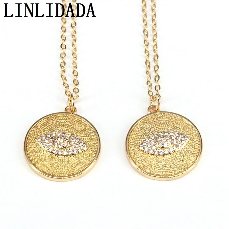 

10Pcs New Fashion Virgin Mary/ Turkish Eye Pendant Necklaces CZ Gold Color Round Necklace Chain Copper Jewelry Gift