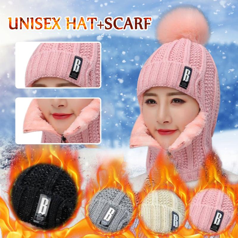 

Women Wool Knitted Hat Ski Hat Set Windproof Winter Outdoor Knit Warm Thick Scarf Set Thermal Cycling Siamese Scarf Warm Cap
