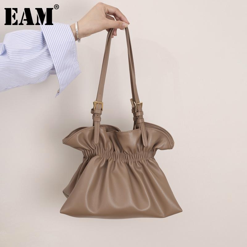 

[EAM] Women New Wrinkled Handbag Elegant PU Leather Flap Personality All-match Crossbody Shoulder Bag Fashion Tide 2021 18A1484, Apricot