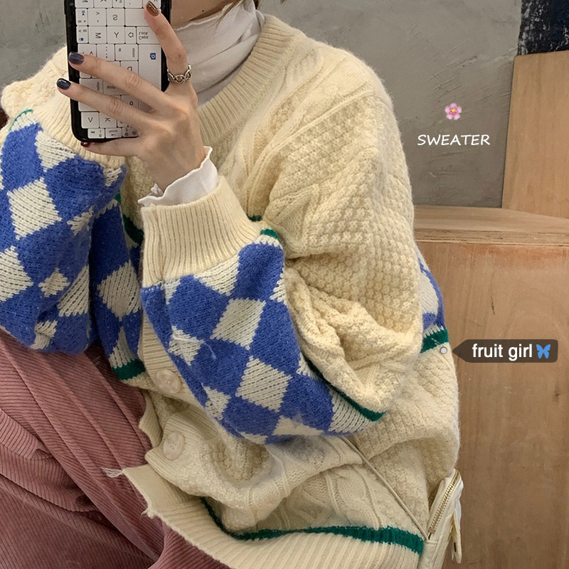 

2021 New Back Contrast Chess Torsion Female Jacket Autumn and Winter Loose Tissue WB80, Navy blue.