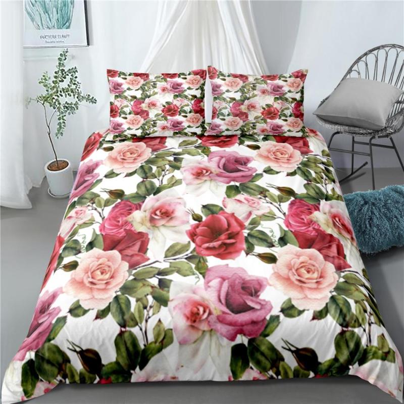 

3D Red Rose Bedding Set Double Bed Sheet King Flower Duvet Quilt Cover Bedclothes Pillowcase 2/3pcs set Home Textile, As picture