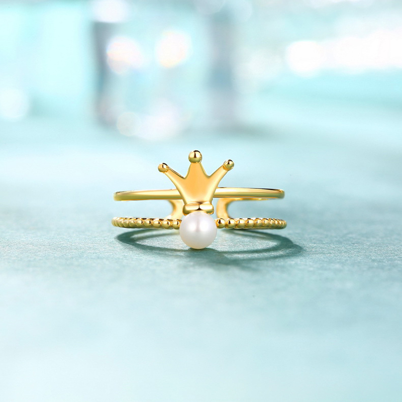 

High-endHOT Ajustable Size 925 Sterling Silver Natural Freshwater Pearl Crown Rings Style for Women As The Gift, Golden;silver