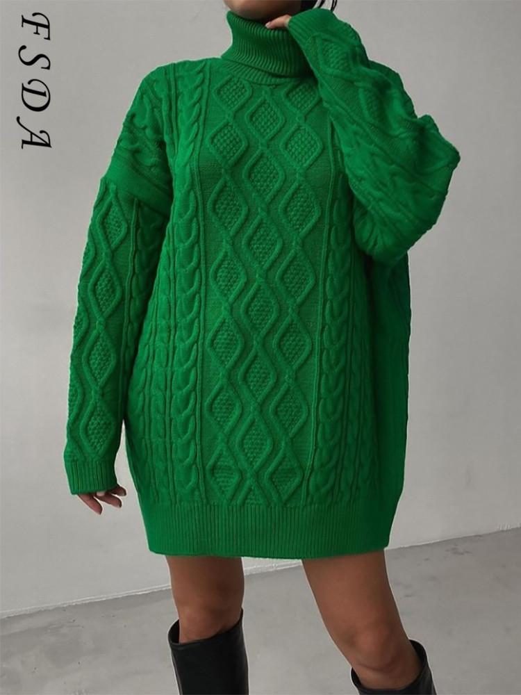 

Women's Sweaters FSDA Autumn Winter 2021 Green Oversized Sweater Knit Women Long Sleeve Turtlenecck Mini Dress Loose Party Casual Pullover T, White;black