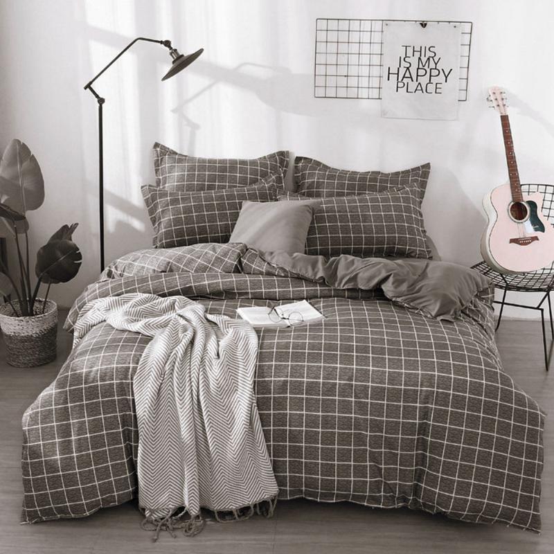 

3/4 Pcs Fine Plaid Bed Set Polyester Fiber Fashion Simple Comfortable Bedding Home Japanese Water Washing Standard Quilt Cover1, Dark gray