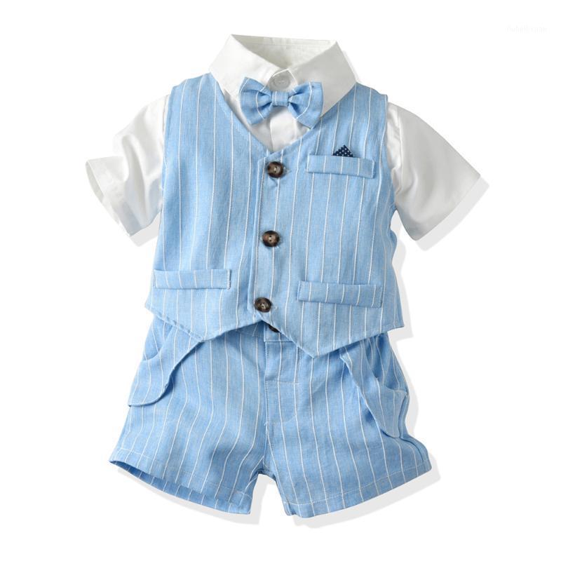 

Top and Top Baby Boys Clothes Infant Suit Cotton Short Sleeve Shirts+Striped Vest+Short Pants Babies Set Newborn Clothing1, Blue